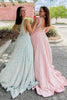 Load image into Gallery viewer, Sparkly Pink A Line V-Neck Sequin Long Prom Dress