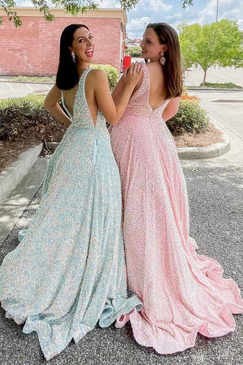 Sparkly Pink A Line V-Neck Sequin Long Prom Dress