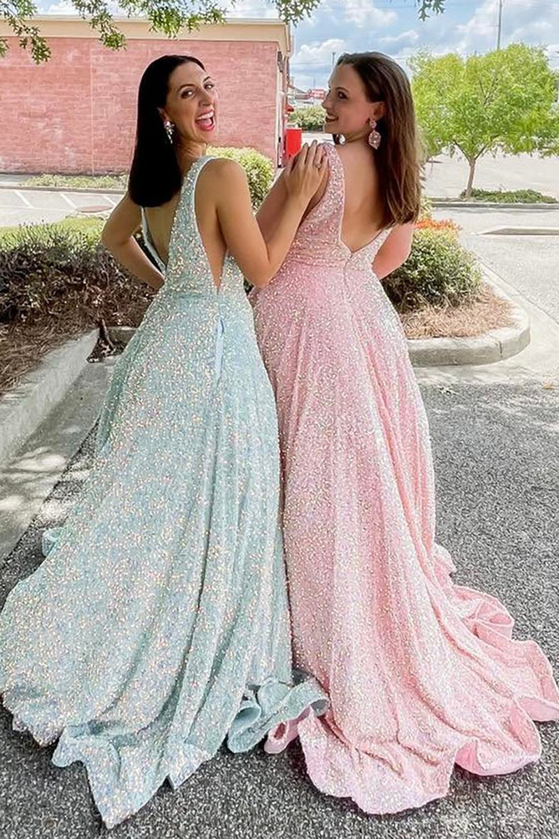 Load image into Gallery viewer, Sparkly Pink A Line V-Neck Sequin Long Prom Dress