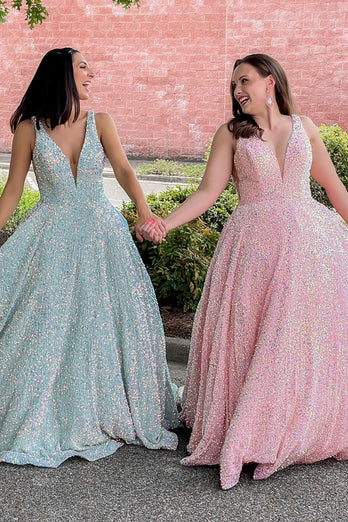 Sparkly Pink A Line V-Neck Sequin Long Prom Dress