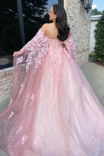 Sparkly Pink Corset Sweetheart A Line Long Prom Dress with 3D Flowers