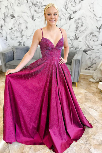 Sparkly Dark Purple Beaded Spaghetti Straps Long Prom Dress