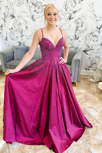 Sparkly Dark Purple Beaded Spaghetti Straps Long Prom Dress