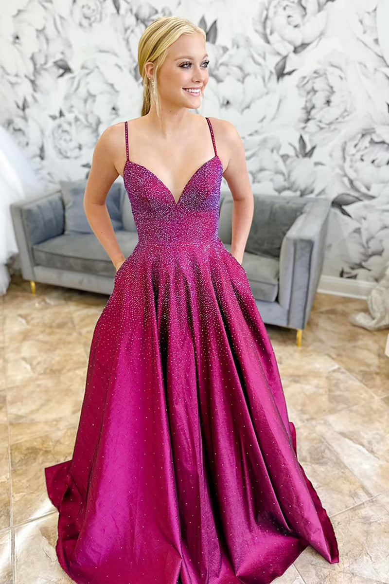 Load image into Gallery viewer, Sparkly Dark Purple Beaded Spaghetti Straps Long Prom Dress