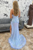 Load image into Gallery viewer, Sparkly Light Blue Sequin Strapless Long Prom Dress with Feathers Slit