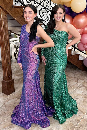 Sparkly Dark Green One Shoulder Sequin Long Prom Dress