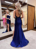 Load image into Gallery viewer, Sparkly Navy Corset Beaded Long Prom Dress with Slit