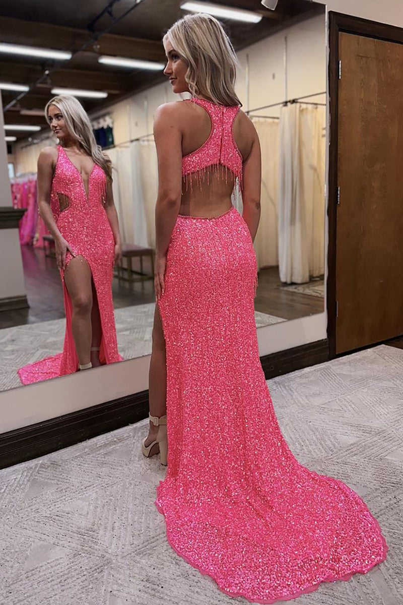 Load image into Gallery viewer, Sparkly Pink Sequin V-Neck Backless Long Prom Dress with Slit