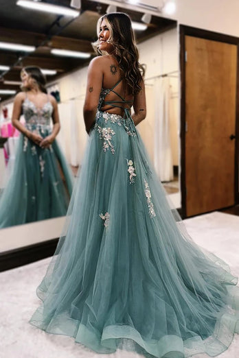 Sparkly Sage Corset Floral Tulle Long Corset Prom Dress with Slit