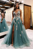 Load image into Gallery viewer, Sparkly Sage Corset Floral Tulle Long Corset Prom Dress with Slit