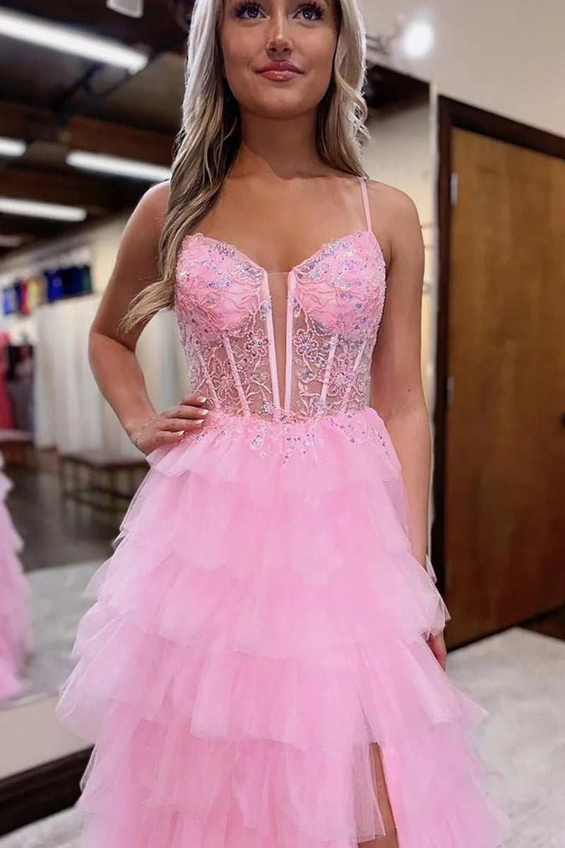 Load image into Gallery viewer, Sparkly Pink Spaghetti Straps Tiered Long Corset Prom Dress with Slit