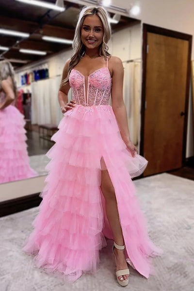 Sparkly Pink Spaghetti Straps Tiered Long Corset Prom Dress with Slit