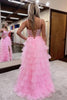 Load image into Gallery viewer, Sparkly Pink Spaghetti Straps Tiered Long Corset Prom Dress with Slit