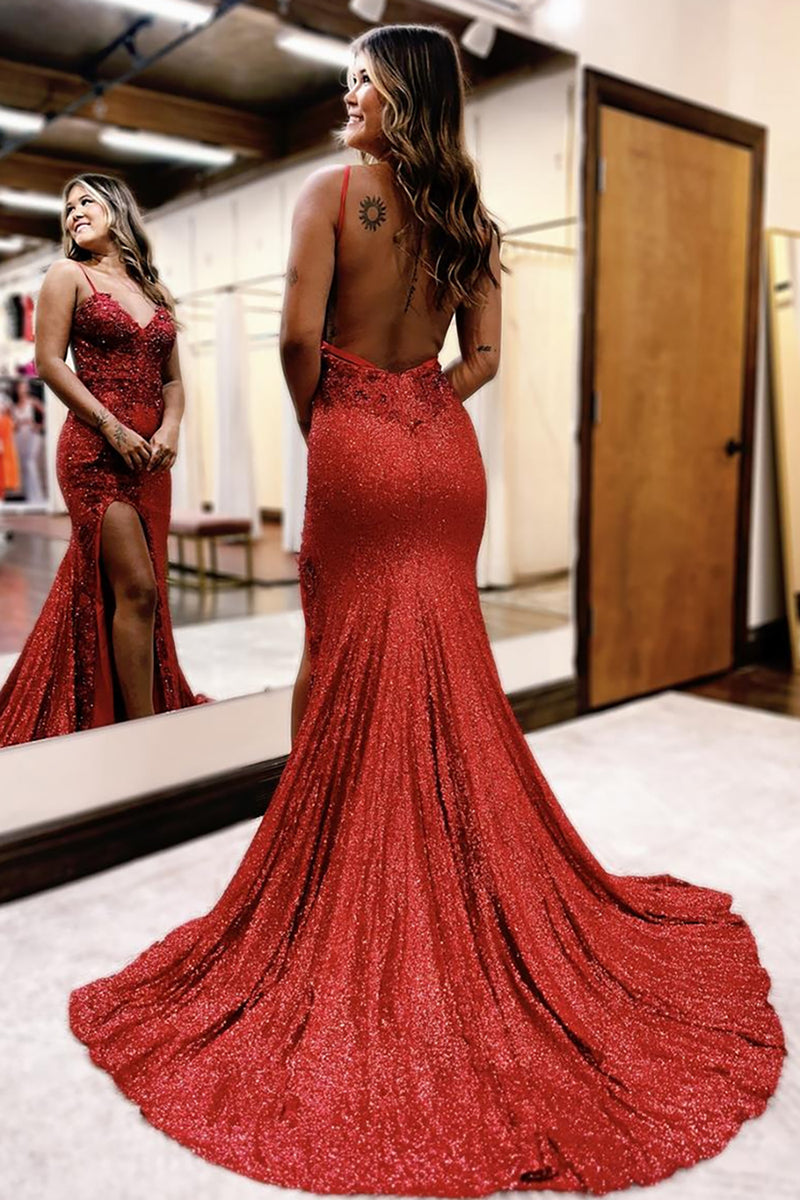 Load image into Gallery viewer, Sparkly Dark Red Sequin Floral Spaghetti Straps Long Prom Dress with Slit