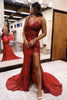 Load image into Gallery viewer, Sparkly Dark Red Sequin Floral Spaghetti Straps Long Prom Dress with Slit