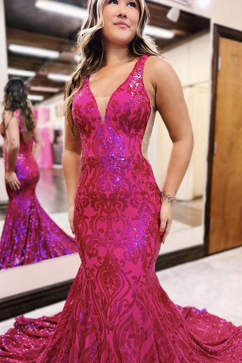 Sparkly Fuchsia Mermaid V-Neck Backless Long Prom Dress