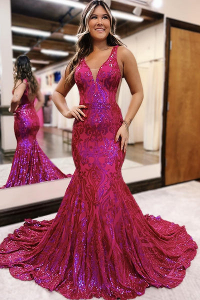 Sparkly Fuchsia Mermaid V-Neck Backless Long Prom Dress