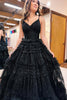 Load image into Gallery viewer, Sparkly Black Tiered Spaghetti Straps Long Tulle Prom Dress