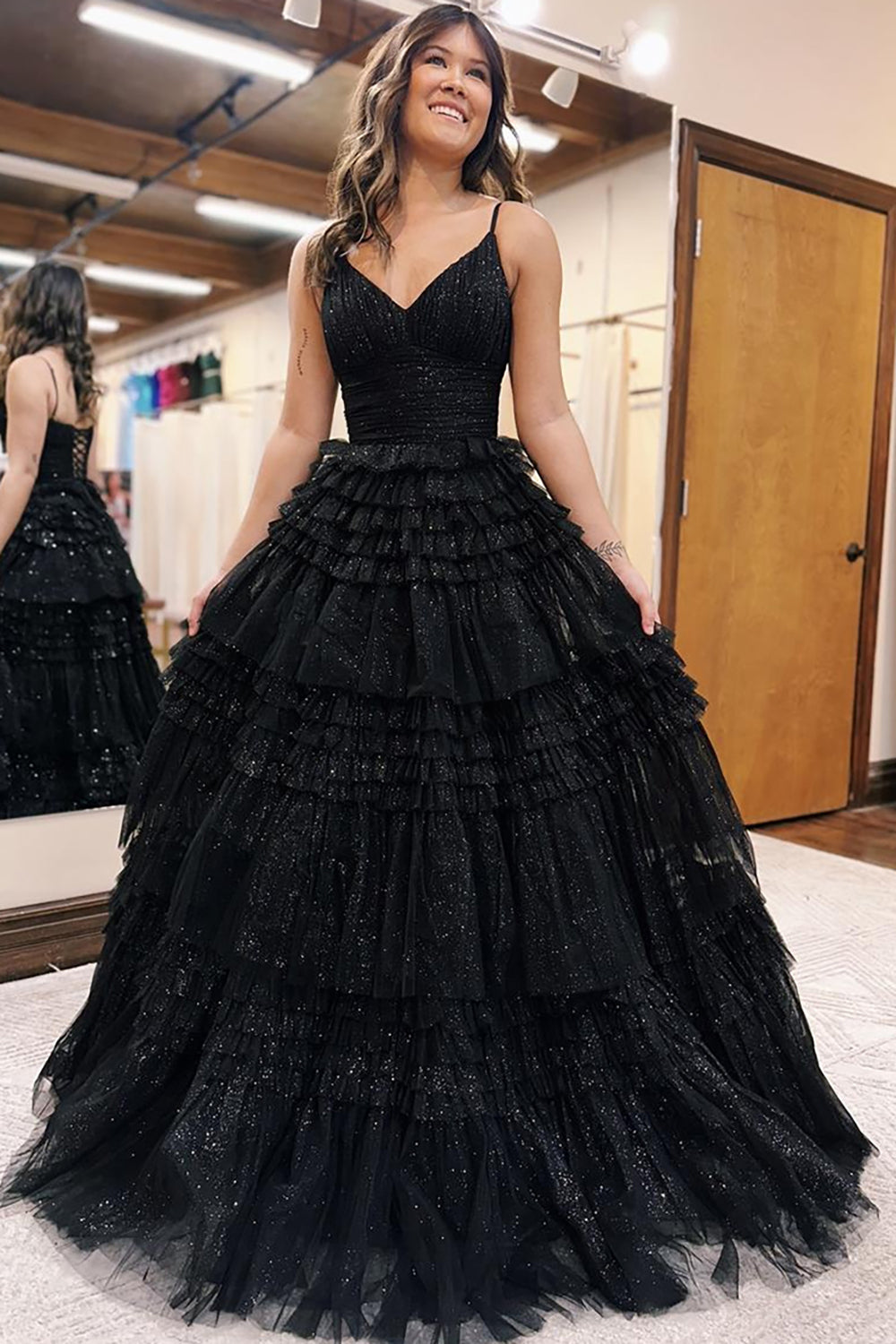 Sparkly Black Tiered Spaghetti Straps Long Tulle Prom Dress