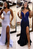 Load image into Gallery viewer, Sparkly Black Beaded Spaghetti Straps Long Prom Dress with Slit