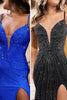 Load image into Gallery viewer, Sparkly Black Beaded Spaghetti Straps Long Prom Dress with Slit