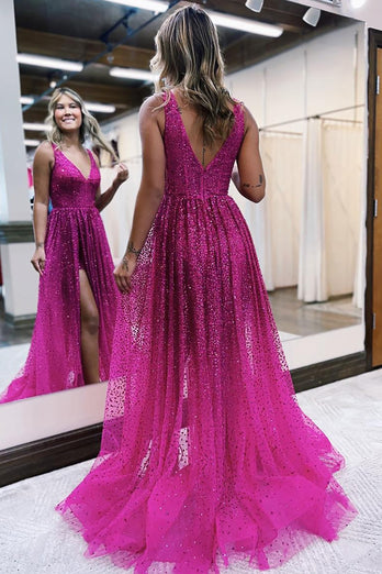 Sparkly Fuchsia Corset Beaded Long Tulle Prom Dress with Slit