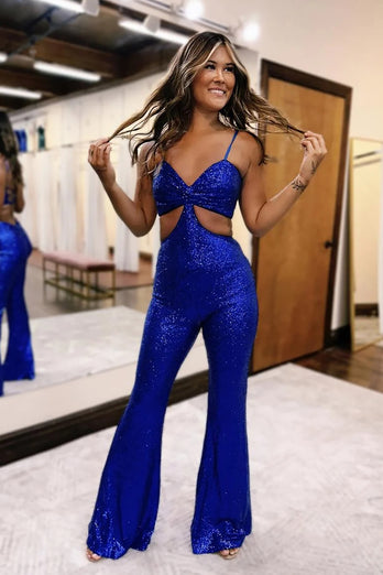 Sparkly Blak Sequin Spaghetti Strap Cut Out Long Prom Jumpsuit