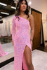 Load image into Gallery viewer, Sparkly Pink One Shoulder Long Sleeves Sequin Long Prom Dress with Slit