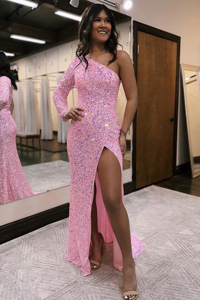 Sparkly Pink One Shoulder Long Sleeves Sequin Long Prom Dress with Slit