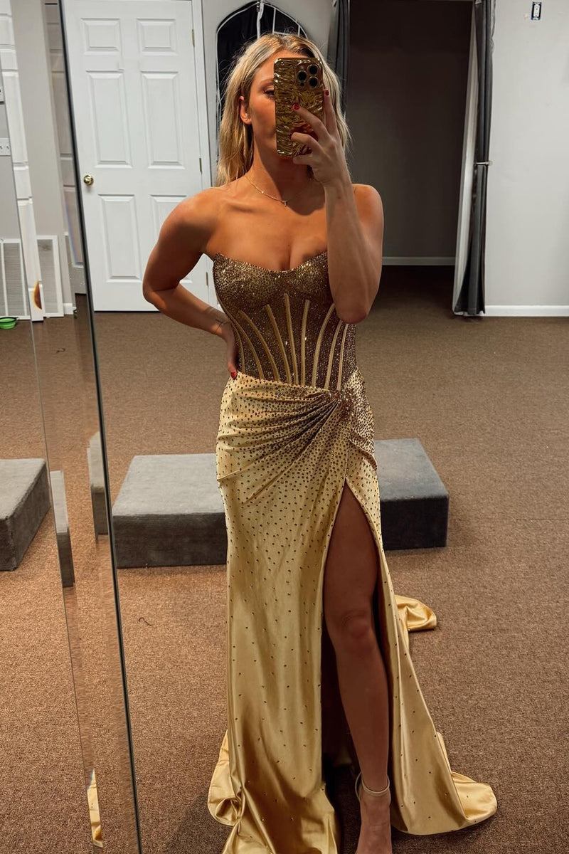 Load image into Gallery viewer, Sparkly Golden Beaded Corset Strapless Long Prom Dress with Slit