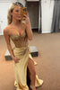 Load image into Gallery viewer, Sparkly Golden Beaded Corset Strapless Long Prom Dress with Slit