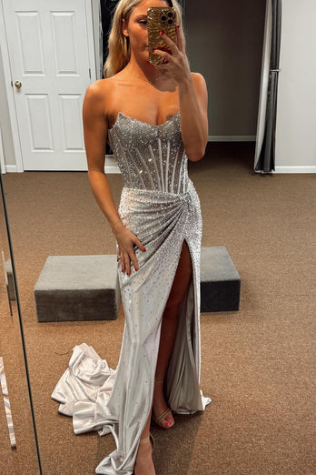 Sparkly Golden Beaded Corset Strapless Long Prom Dress with Slit