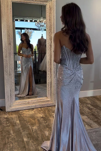 Sparkly Golden Beaded Corset Strapless Long Prom Dress with Slit