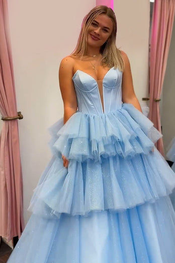 Princess Blue Corset A Line Tiered Long Prom Dress