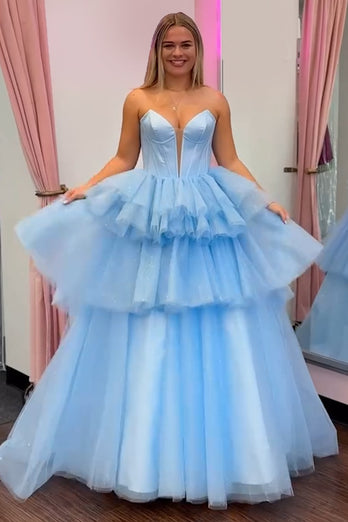 Princess Blue Corset A Line Tiered Long Prom Dress