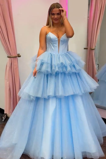 Princess Blue Corset A Line Tiered Long Prom Dress