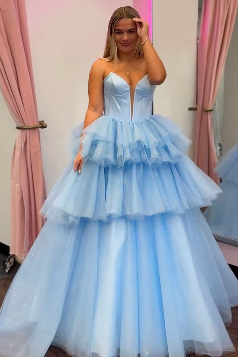 Load image into Gallery viewer, Princess Blue Corset A Line Tiered Long Prom Dress