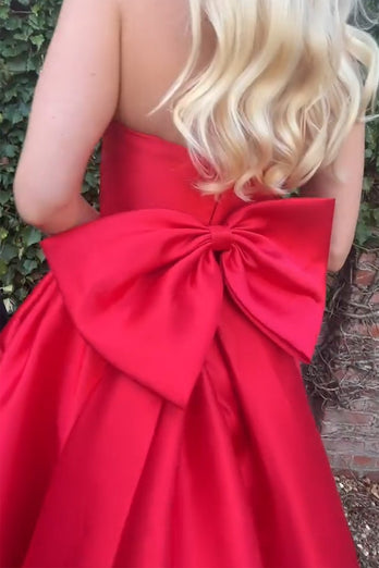 Elegant Red A Line Satin Long Prom Dress with Bow