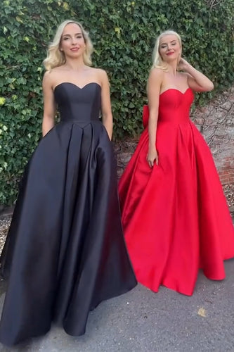 Elegant Red A Line Satin Long Prom Dress with Bow