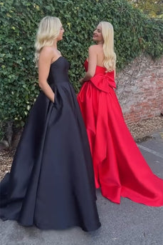 Elegant Red A Line Satin Long Prom Dress with Bow