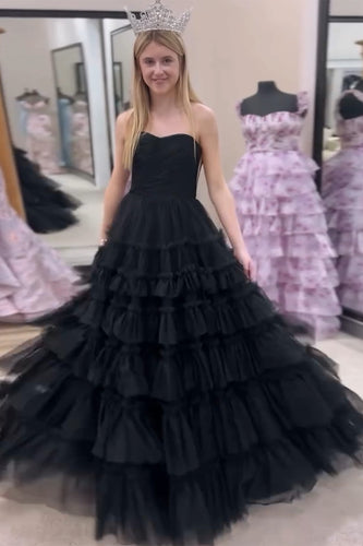 Black A Line Tiered Strapless Long Prom Dress