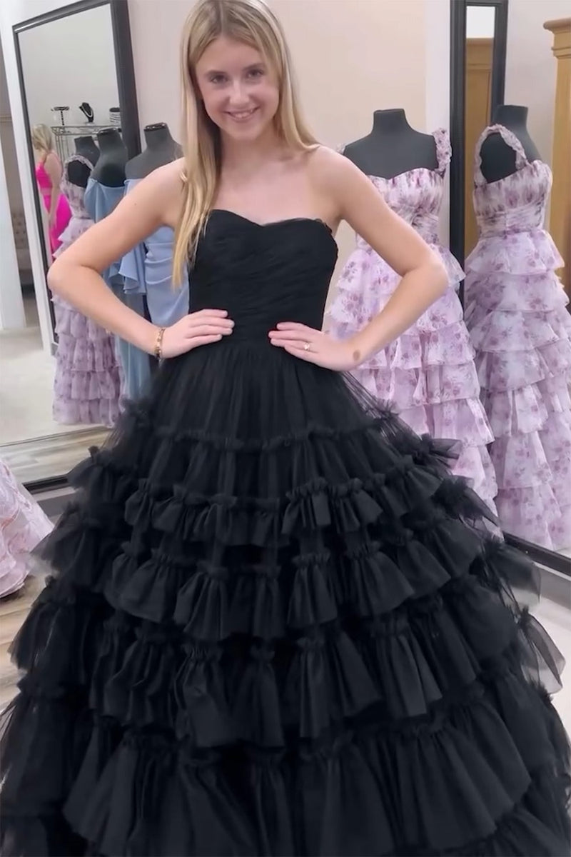 Load image into Gallery viewer, Black A Line Tiered Strapless Long Prom Dress