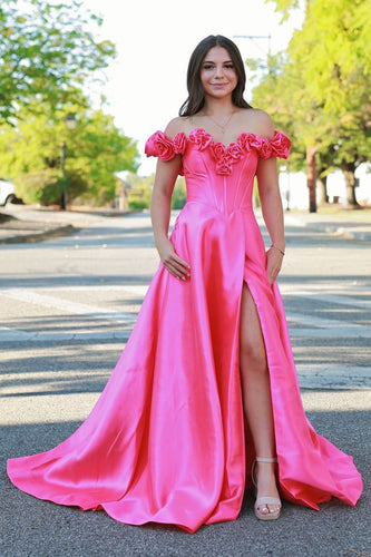 Red Corset Satin Off The Shoulder Long Prom Dress with Flowers