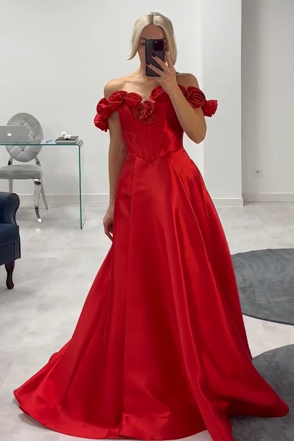 Red Corset Satin Off The Shoulder Long Prom Dress with Flowers