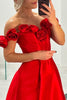 Load image into Gallery viewer, Red Corset Satin Off The Shoulder Long Prom Dress with Flowers