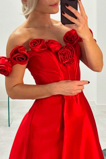 Red Corset Satin Off The Shoulder Long Prom Dress with Flowers