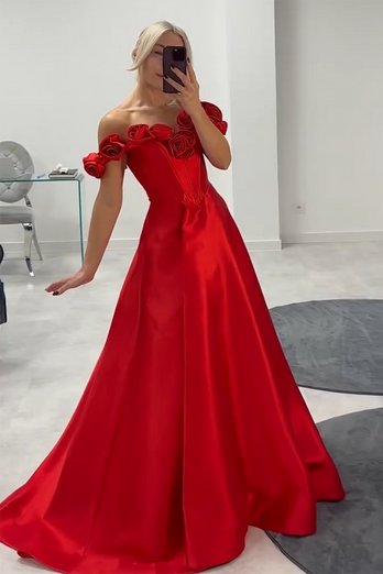 Red Corset Satin Off The Shoulder Long Prom Dress with Flowers