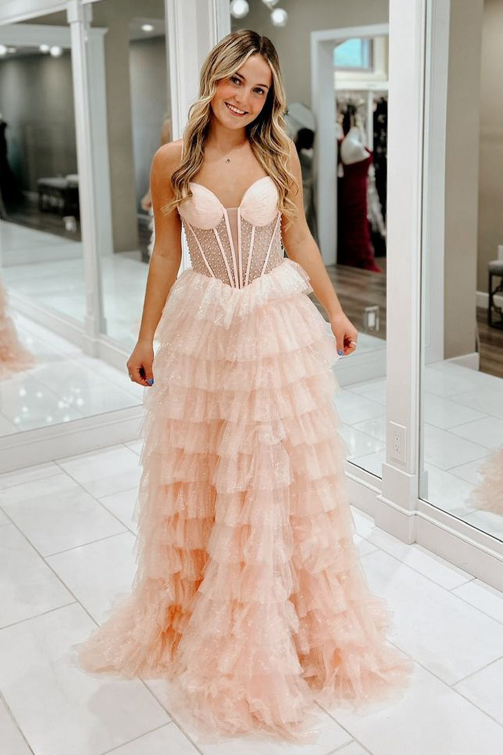 Sparkly Pink Corset Beaded Long Prom Dress