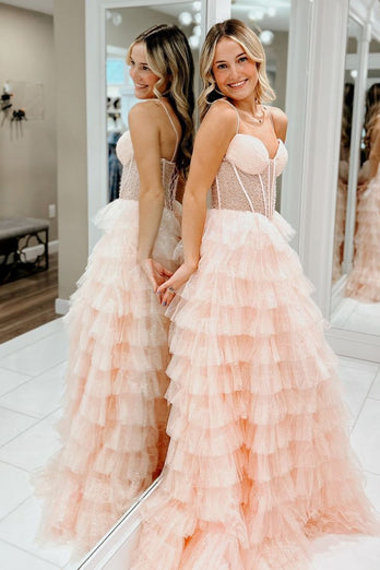 Sparkly Pink Corset Beaded Long Prom Dress