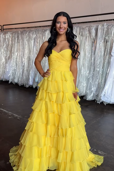 Yellow Sweetheart A Line Tiered Long Chiffon Prom Dress